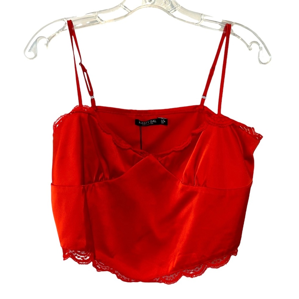 NWT Nasty Gal Women's Red‎ Lace Trim Hanky Hem Cami Top in Size 8